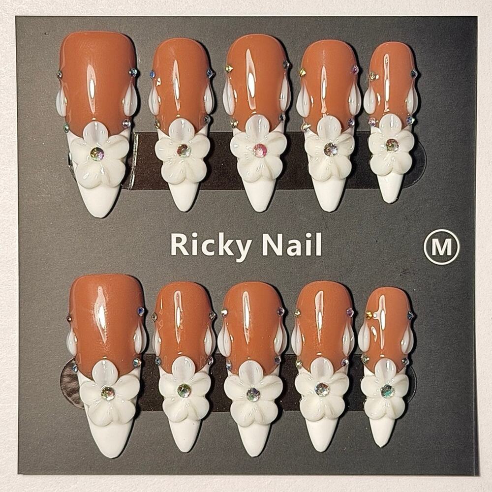 Ricky Nail Press On Nails M Nude White 3D Floral Rhinestone French Tip